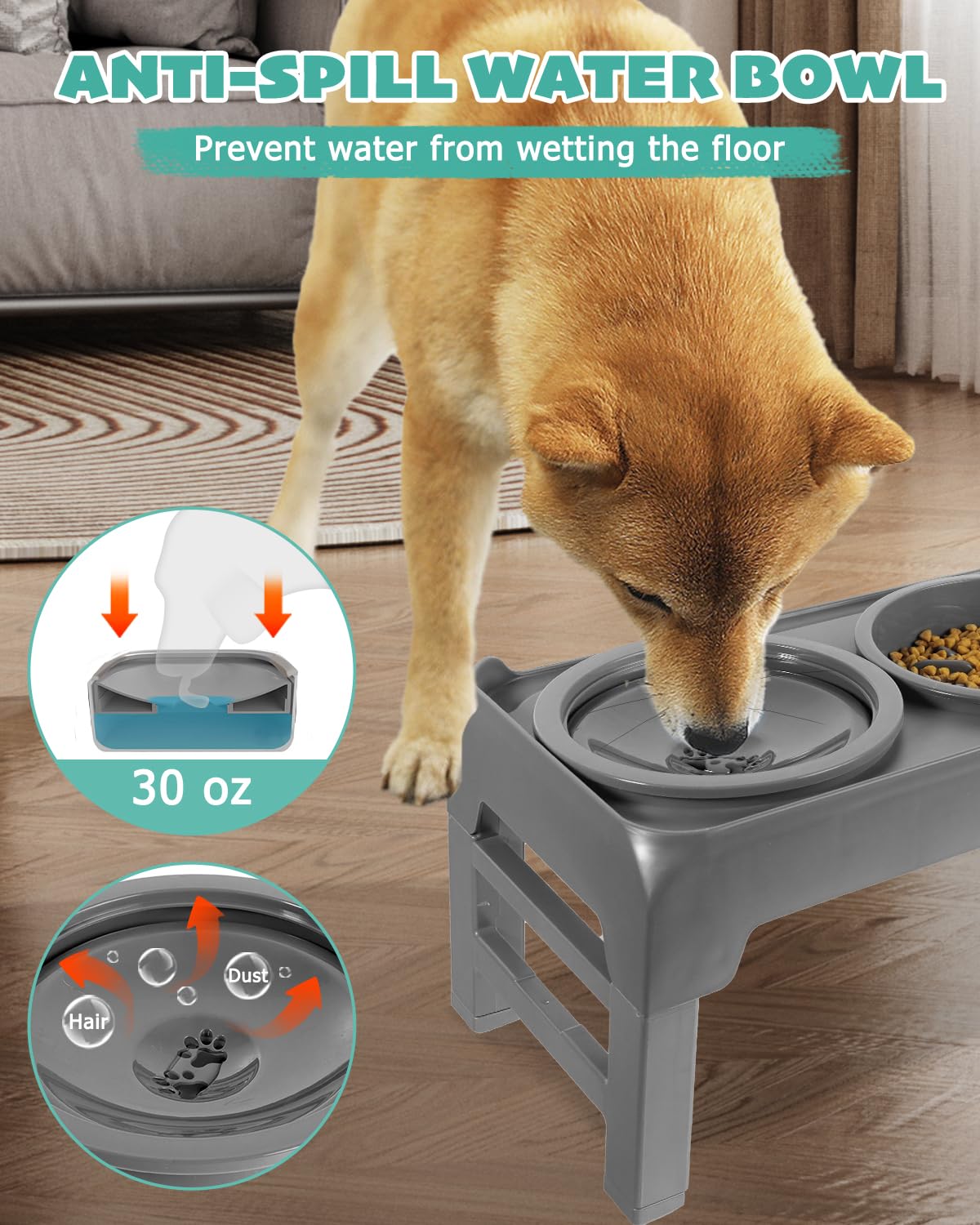 Elevated Dog Bowls, Slow Feeder & No Spill Water Bowl Stand, Raised Food Bowls with 4 Adjustable Heights for Small Medium Large Dogs