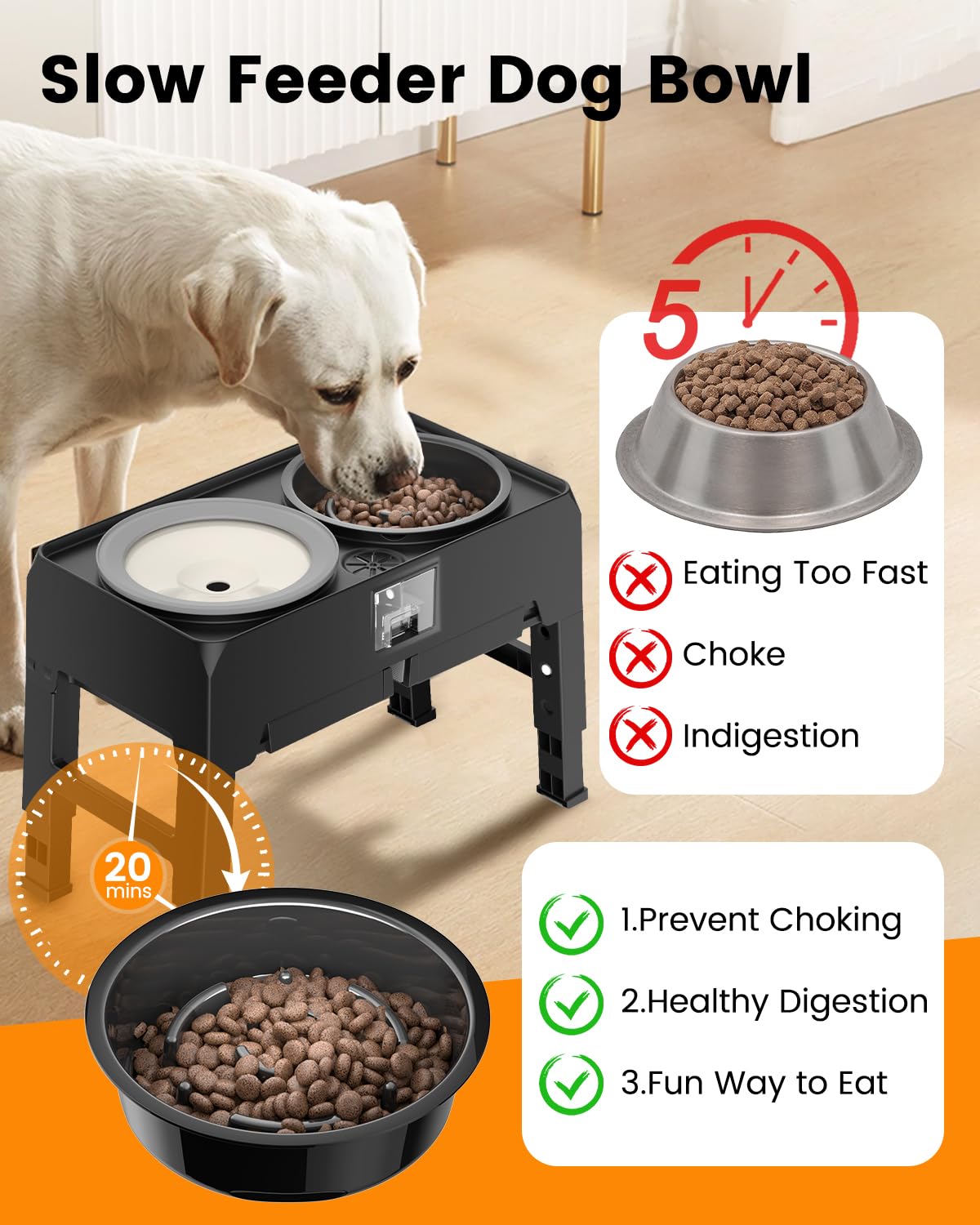 Elevated Slow Feeder Dog Bowls, Adjustable Raised Stand with Food Dish & No Spill Water Bowl Set, Neater Pet Feeding Station for Large Medium Small Breed Dogs