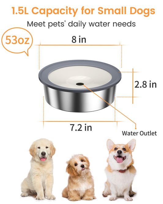 No Spill Dog Water Bowl, 1.5L Stainless Steel Slow Drinking Water Dish Dispenser, Spilling Drip & Splash Proof Slobber Stopper for Dogs Cats Messy Drinkers