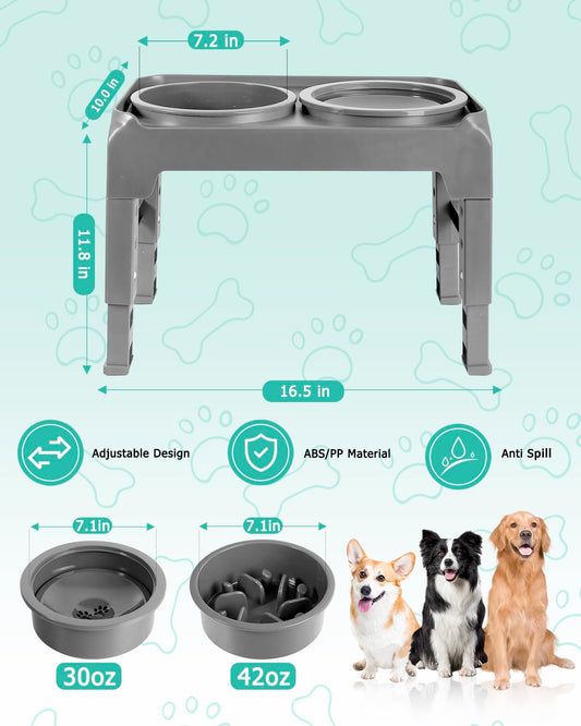 Elevated Dog Bowls, Slow Feeder & No Spill Water Bowl Stand, Raised Food Bowls with 4 Adjustable Heights for Small Medium Large Dogs