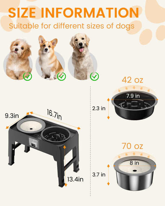 Elevated Slow Feeder Dog Bowls, Adjustable Raised Stand with Food Dish & No Spill Water Bowl Set, Neater Pet Feeding Station for Large Medium Small Breed Dogs