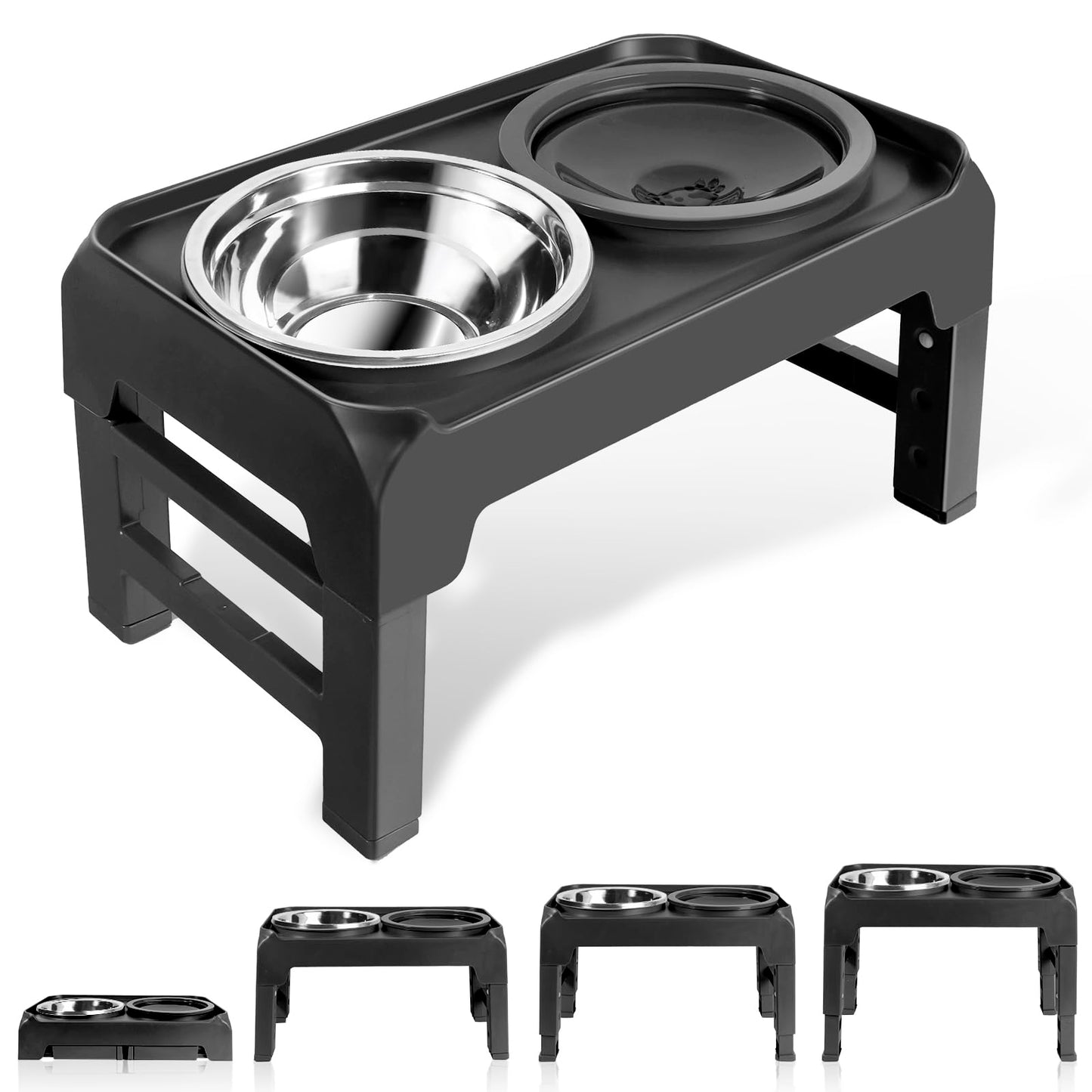 Elevated Dog Bowls, Raised Bowl Stand with No Spill Slow Water Feeder & Stainless Steel Food Dish, Feeding Station with 4 Adjustable Heights for Small Medium Large Dogs