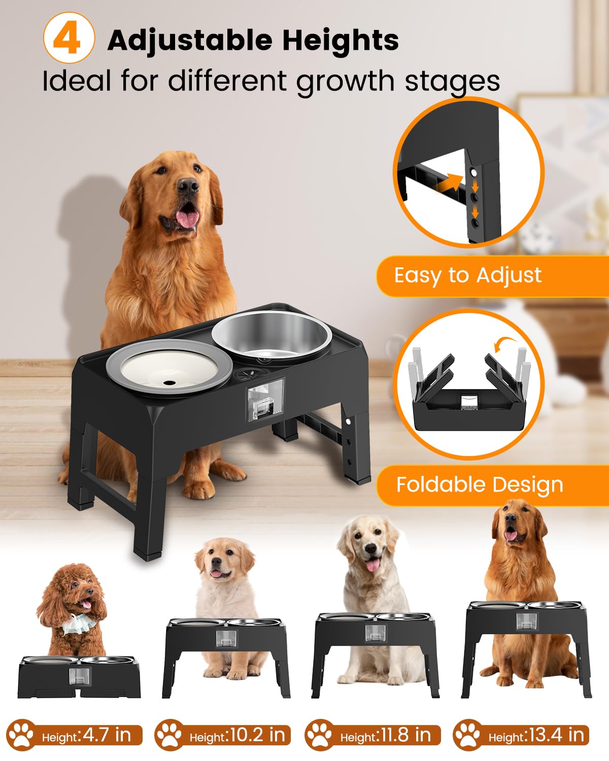 Elevated Dog Bowls, Raised Bowl Stand with No Spill Slow Water Feeder & Stainless Steel Food Dish, Adjustable Feeding Station for Small Medium Large Dogs