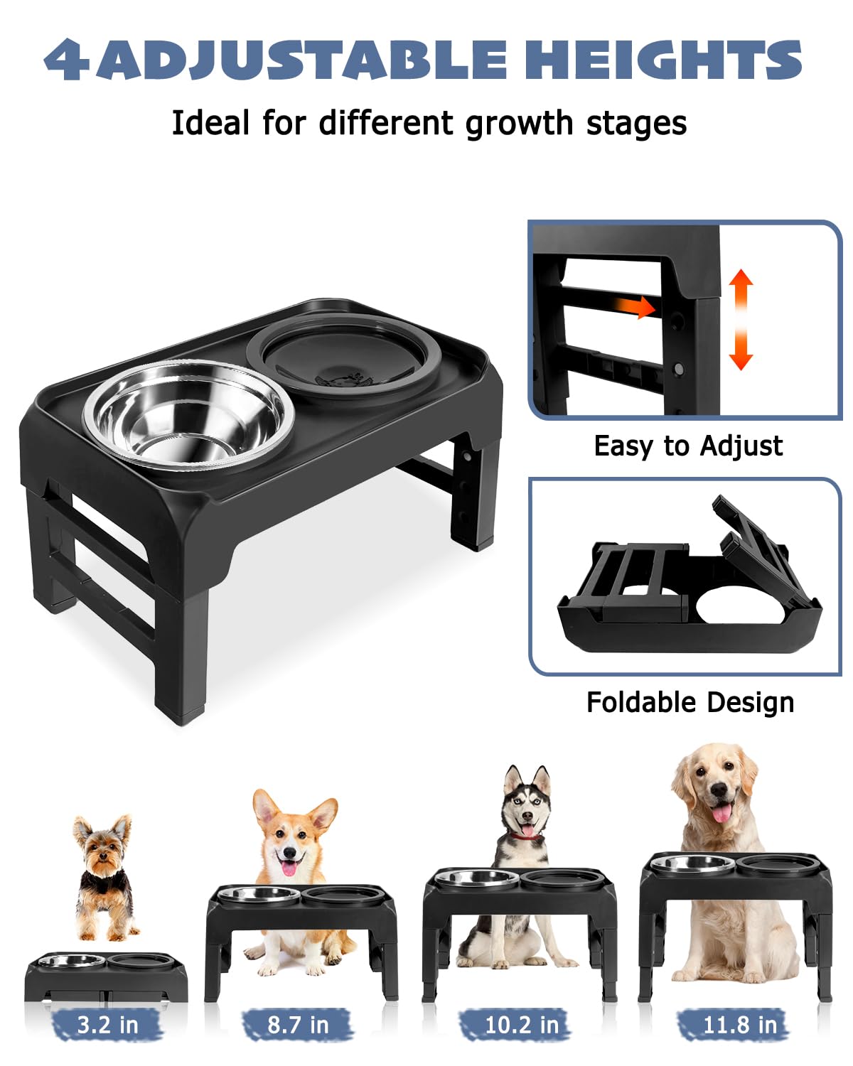 Elevated Dog Bowls, Raised Bowl Stand with No Spill Slow Water Feeder & Stainless Steel Food Dish, Feeding Station with 4 Adjustable Heights for Small Medium Large Dogs