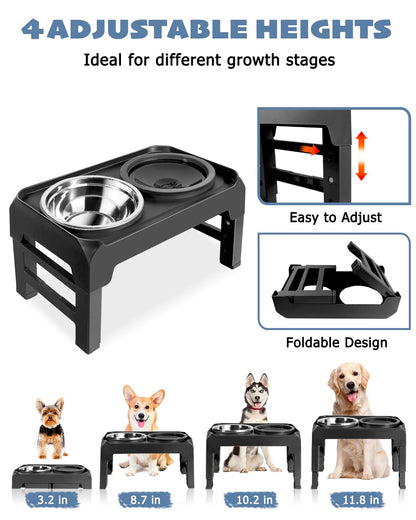 Elevated Dog Bowls, Raised Bowl Stand with No Spill Slow Water Feeder & Stainless Steel Food Dish, Feeding Station with 4 Adjustable Heights for Small Medium Large Dogs