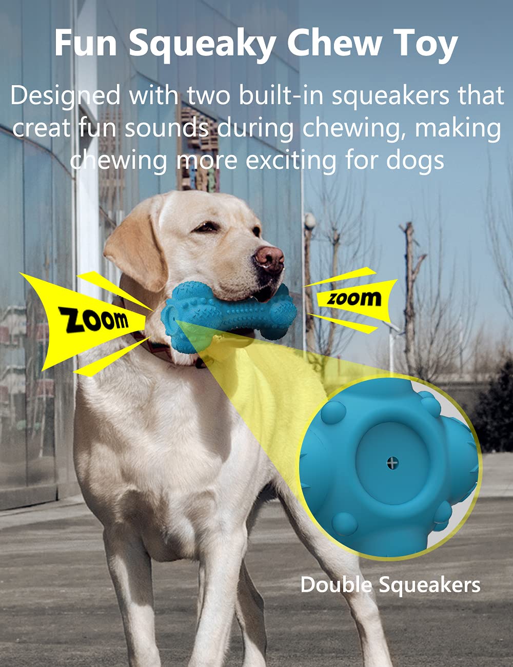 SCHITEC Two Squeaky Dog Chew Toy for Aggressive Chewers Large Breed, Tough Indestructible Rubber Bone with Toothbrush for Big Medium Dogs Teeth Cleaning, Blue and Orange