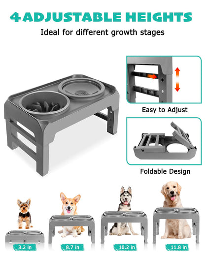 Elevated Dog Bowls, Slow Feeder & No Spill Water Bowl Stand, Raised Food Bowls with 4 Adjustable Heights for Small Medium Large Dogs