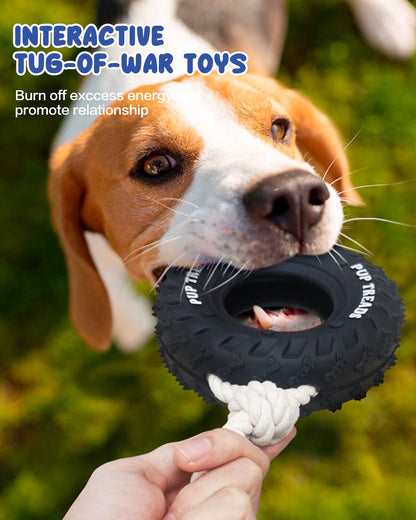SCHITEC Dog Chew Toy with Rubber Tire & Tug of War Rope for Medium Large Dogs Aggressive Chewers, Interactive Fetch Play Treat Dispenser Pull Toys
