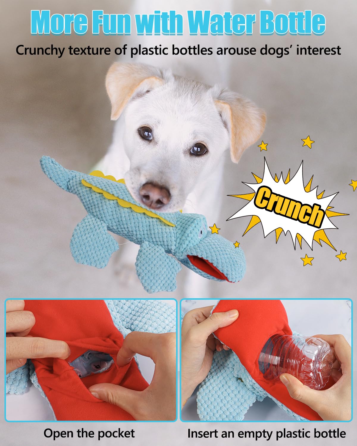 SCHITEC Squeaky Dog Toys, Crinkle Plush Water Bottle Toy with No Stuffing Body, Interactive Squawking Pet Chew Toy for Puppy Small Medium Large Dogs