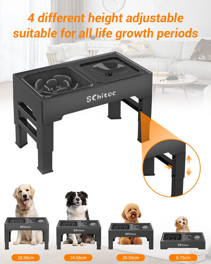 Elevated Dog Bowls, Raised Dog Bowl Stand with Slow Feeder & No Spill Water Bowl, 4 Adjustable Heights for Large Medium and Small Dogs