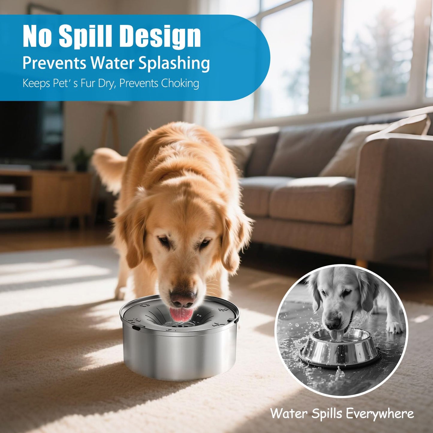 SCHITEC Dog Water Bowl No Spill 3L/0.8 Gallon Slow Drinking Anti-Splash Stainless Steel Dog Bowl with Floating Disk, Spill Proof Pet Travel Water Dispenser for Sloppy Messy Drinkers(Gray)