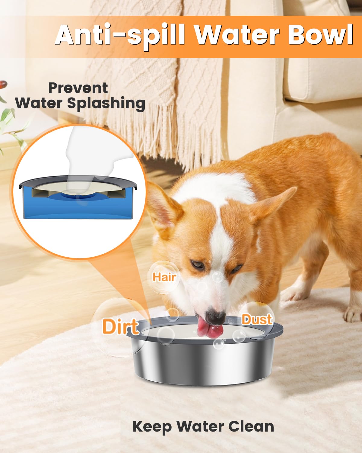 No Spill Dog Water Bowl, 1.5L Stainless Steel Slow Drinking Water Dish Dispenser, Spilling Drip & Splash Proof Slobber Stopper for Dogs Cats Messy Drinkers