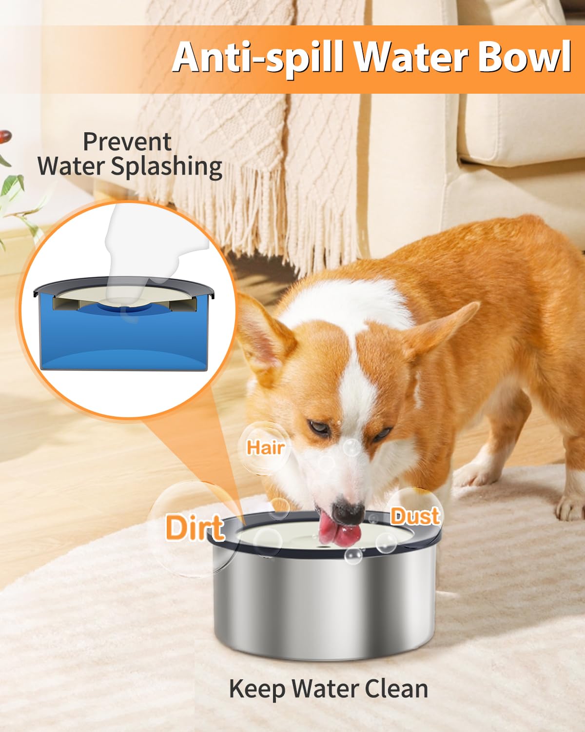 No Spill Water Bowl for Dogs, 2L Large Stainless Steel Slow Drinking Water Dish Dispenser, Spilling Drip & Splash Proof Slobber Stopper for Messy Drinkers
