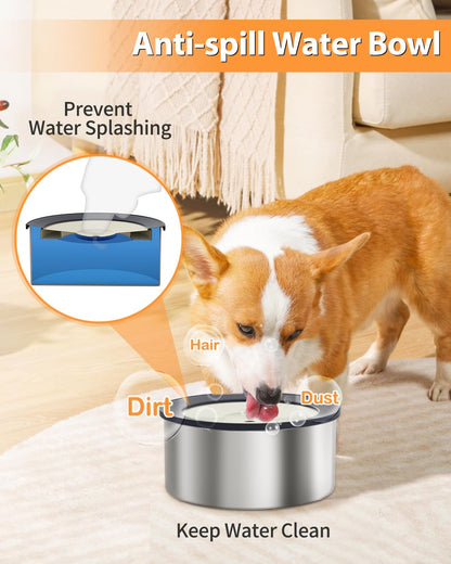 No Spill Water Bowl for Dogs, 2L Large Stainless Steel Slow Drinking Water Dish Dispenser, Spilling Drip & Splash Proof Slobber Stopper for Messy Drinkers