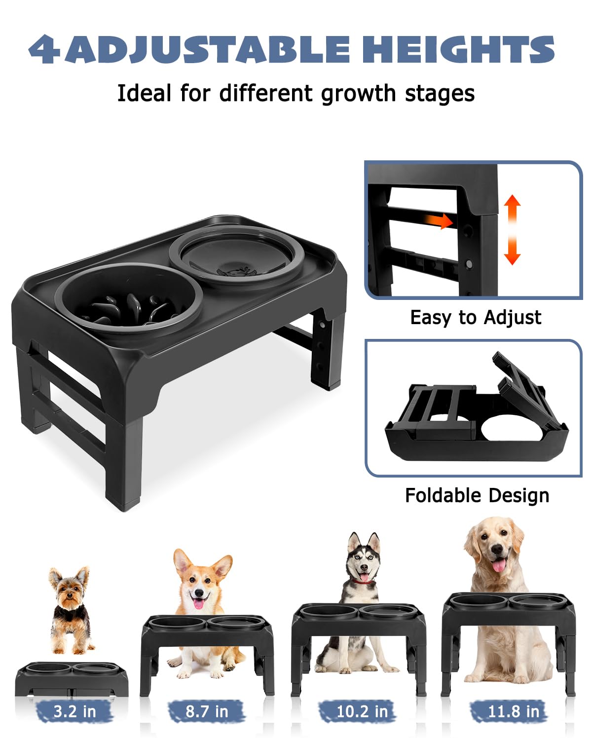 Elevated Dog Bowls, Slow Feeder & No Spill Water Bowl Stand, Raised Food Bowls with 4 Adjustable Heights for Small Medium Large Dogs