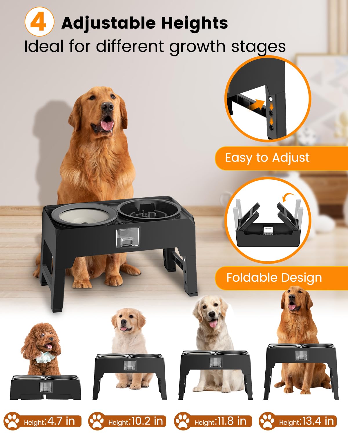Elevated Slow Feeder Dog Bowls, Adjustable Raised Stand with Food Dish & No Spill Water Bowl Set, Neater Pet Feeding Station for Large Medium Small Breed Dogs
