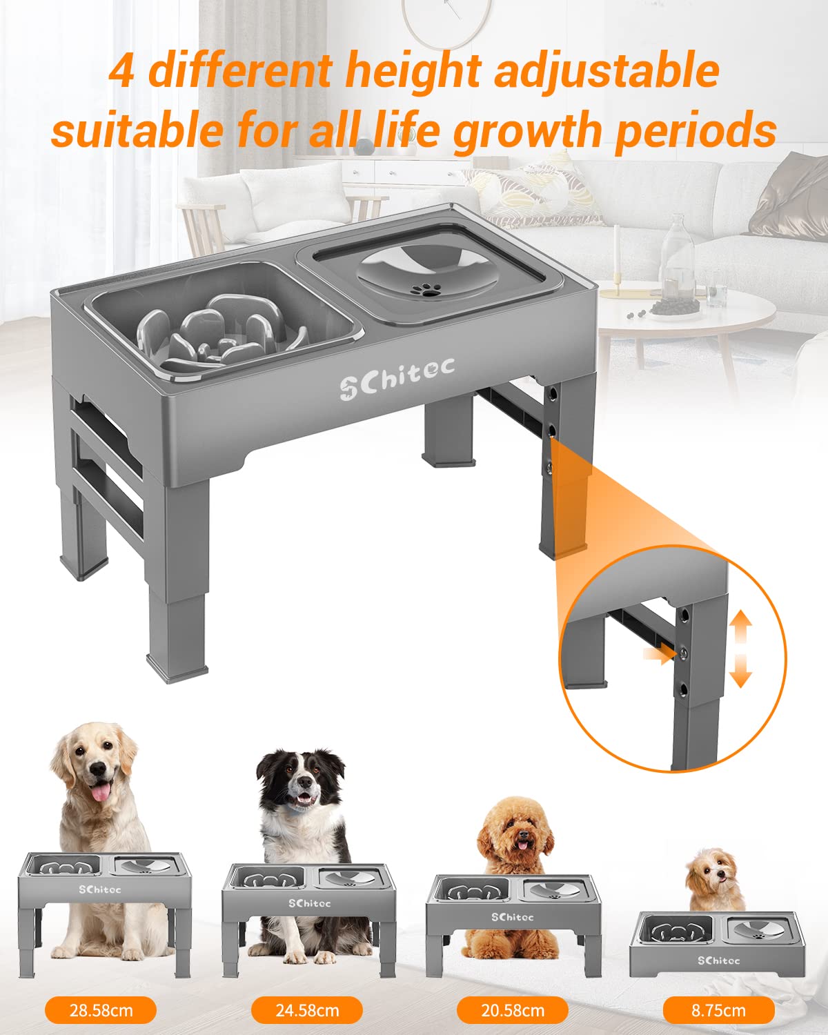 Elevated Dog Bowls, Raised Dog Bowl Stand with Slow Feeder & No Spill Water Bowl, 4 Adjustable Heights for Large Medium and Small Dogs