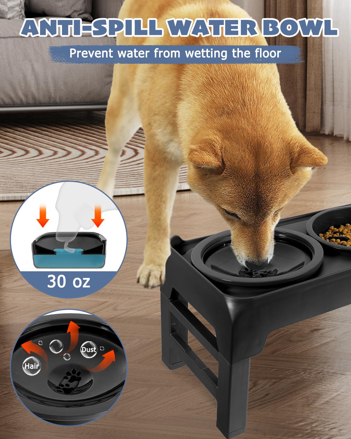 Elevated Dog Bowls, Slow Feeder & No Spill Water Bowl Stand, Raised Food Bowls with 4 Adjustable Heights for Small Medium Large Dogs