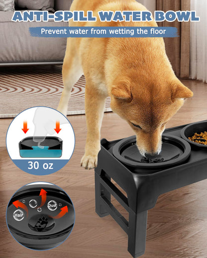 Elevated Dog Bowls, Slow Feeder & No Spill Water Bowl Stand, Raised Food Bowls with 4 Adjustable Heights for Small Medium Large Dogs