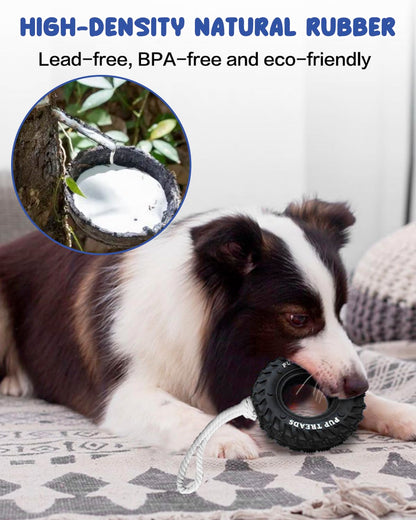 SCHITEC Dog Chew Toy with Rubber Tire & Tug of War Rope for Medium Large Dogs Aggressive Chewers, Interactive Fetch Play Treat Dispenser Pull Toys