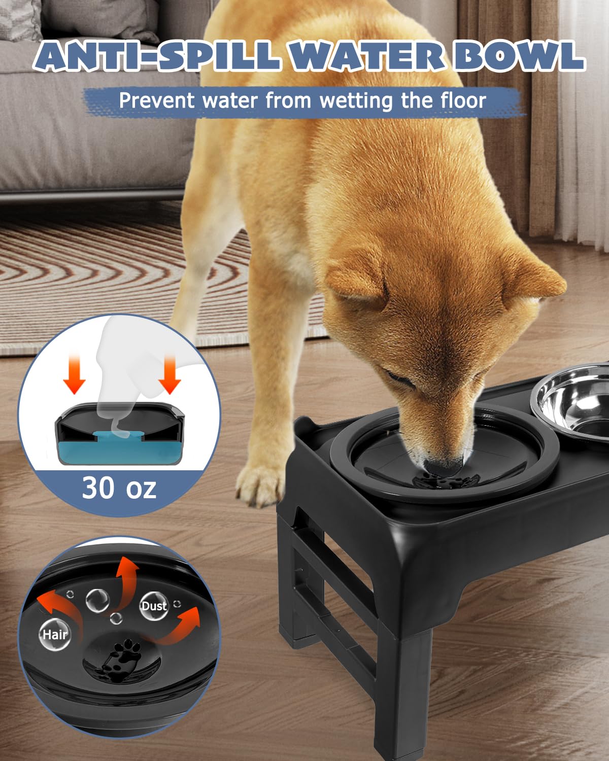 Elevated Dog Bowls, Raised Bowl Stand with No Spill Slow Water Feeder & Stainless Steel Food Dish, Feeding Station with 4 Adjustable Heights for Small Medium Large Dogs