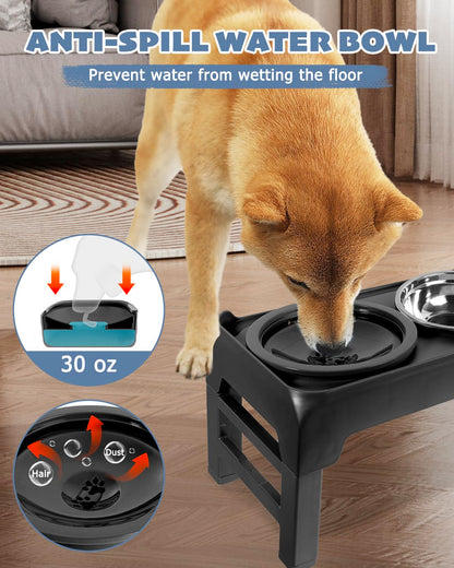 Elevated Dog Bowls, Raised Bowl Stand with No Spill Slow Water Feeder & Stainless Steel Food Dish, Feeding Station with 4 Adjustable Heights for Small Medium Large Dogs