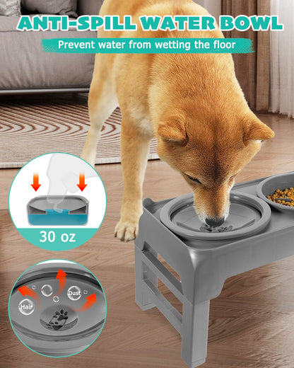Elevated Dog Bowls, Slow Feeder & No Spill Water Bowl Stand, Raised Food Bowls with 4 Adjustable Heights for Small Medium Large Dogs