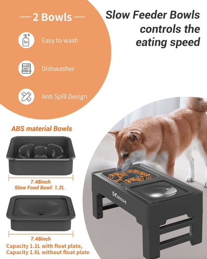 Elevated Dog Bowls, Raised Dog Bowl Stand with Slow Feeder & No Spill Water Bowl, 4 Adjustable Heights for Large Medium and Small Dogs