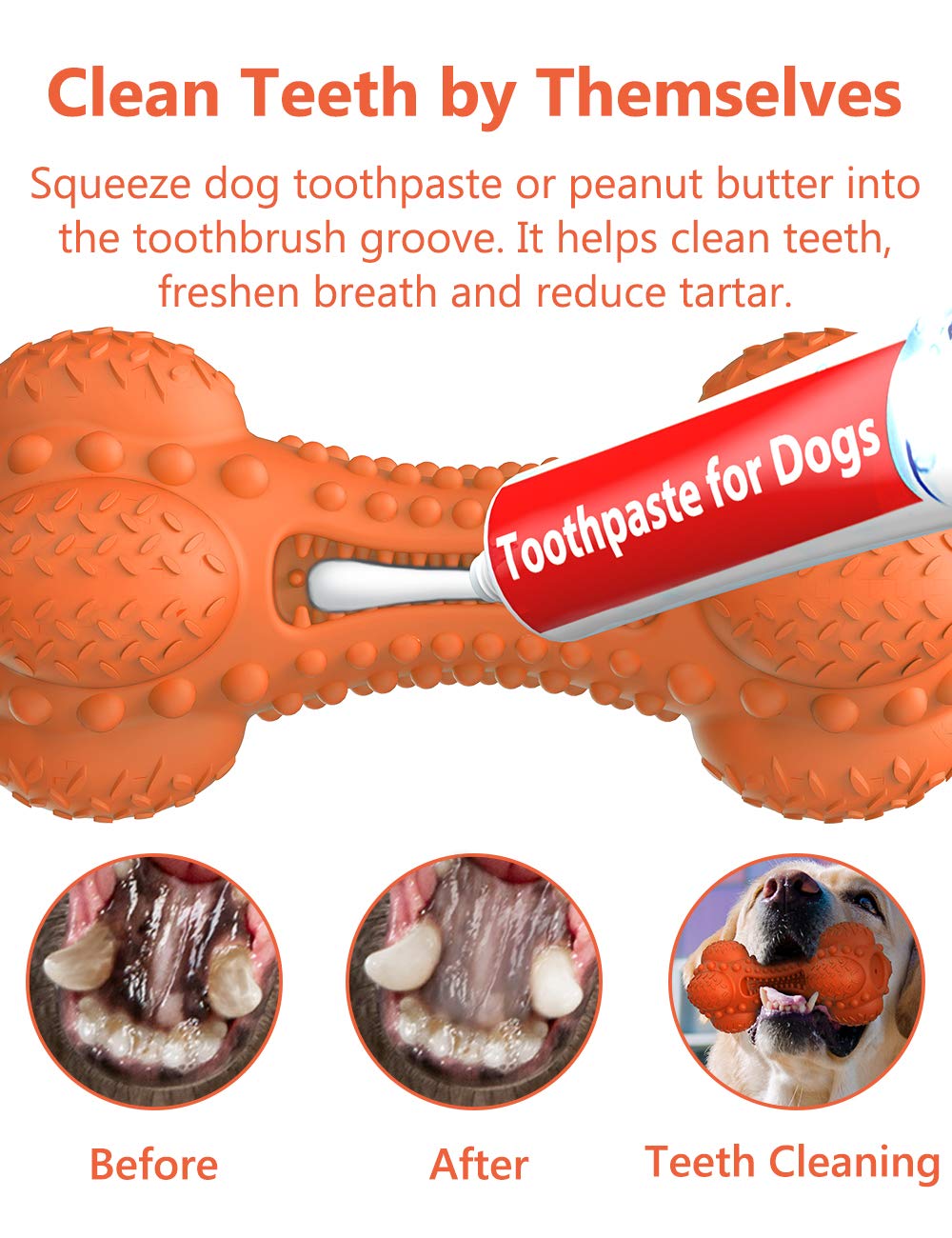 SCHITEC Two Squeaky Dog Chew Toy for Aggressive Chewers Large Breed, Tough Indestructible Rubber Bone with Toothbrush for Big Medium Dogs Teeth Cleaning, Blue and Orange
