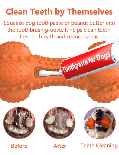 SCHITEC Two Squeaky Dog Chew Toy for Aggressive Chewers Large Breed, Tough Indestructible Rubber Bone with Toothbrush for Big Medium Dogs Teeth Cleaning, Blue and Orange