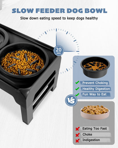 Elevated Dog Bowls, Slow Feeder & No Spill Water Bowl Stand, Raised Food Bowls with 4 Adjustable Heights for Small Medium Large Dogs