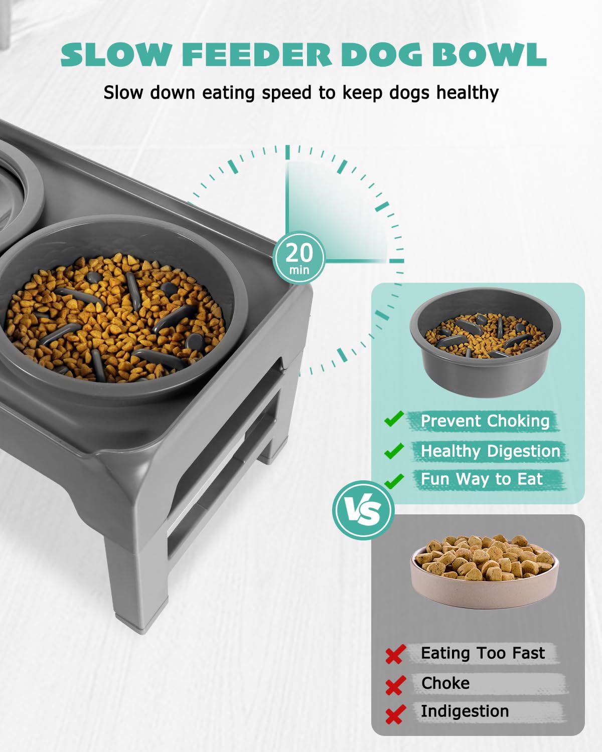 Elevated Dog Bowls, Slow Feeder & No Spill Water Bowl Stand, Raised Food Bowls with 4 Adjustable Heights for Small Medium Large Dogs