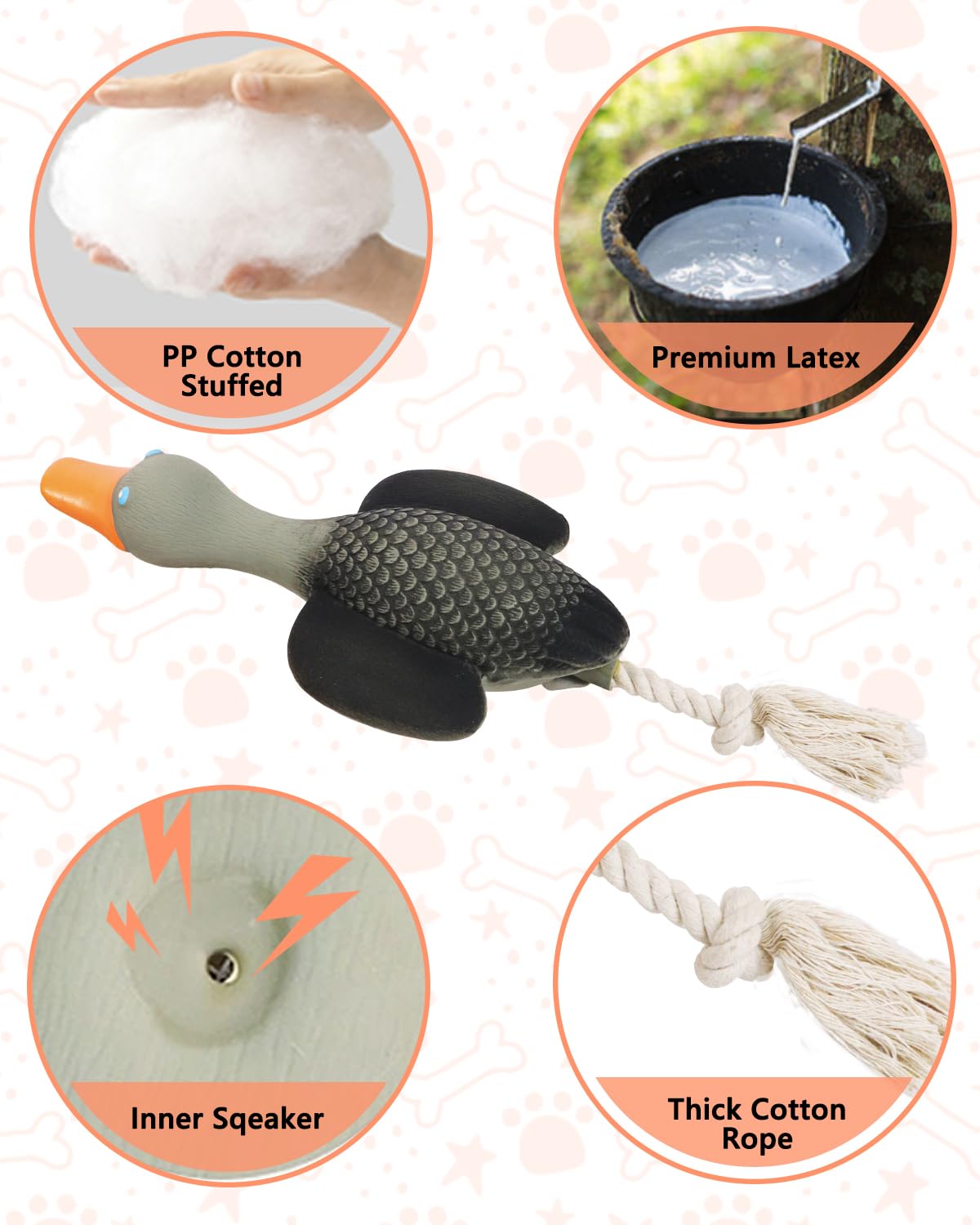 SCHITEC Squeaky Rope Dog Toys, Latex Rubber Squeak Duck Tug of War Toy, Interactive Play Puppy Stuffed Chew Toy for Small Medium Dogs