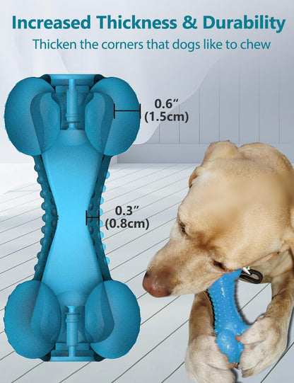 SCHITEC Two Squeaky Dog Chew Toy for Aggressive Chewers Large Breed, Tough Indestructible Rubber Bone with Toothbrush for Big Medium Dogs Teeth Cleaning, Blue and Orange