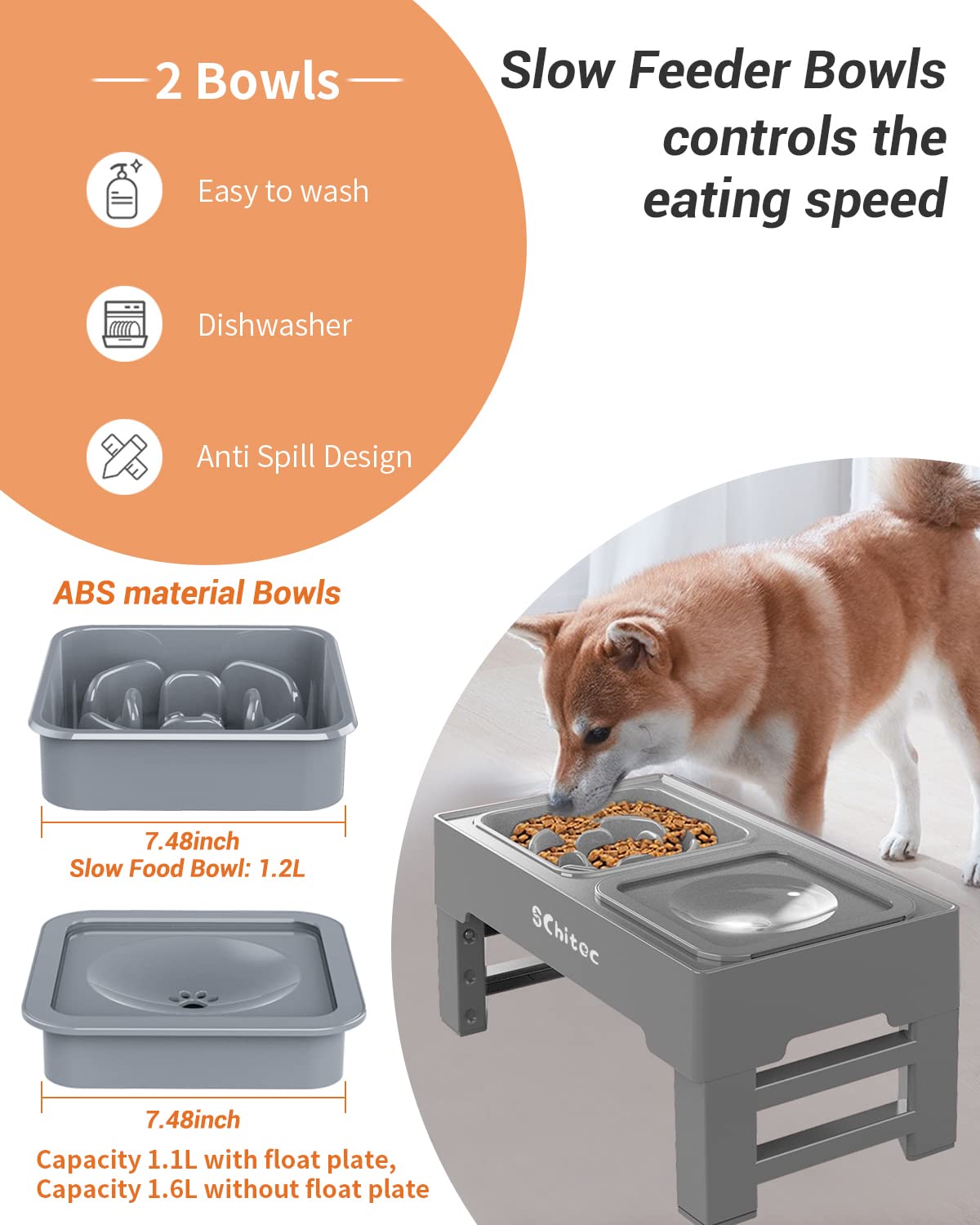 Elevated Dog Bowls, Raised Dog Bowl Stand with Slow Feeder & No Spill Water Bowl, 4 Adjustable Heights for Large Medium and Small Dogs