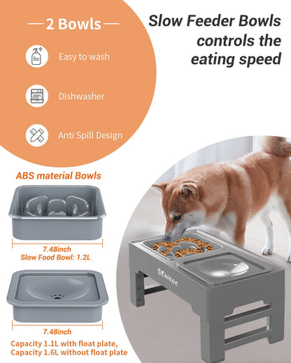 Elevated Dog Bowls, Raised Dog Bowl Stand with Slow Feeder & No Spill Water Bowl, 4 Adjustable Heights for Large Medium and Small Dogs