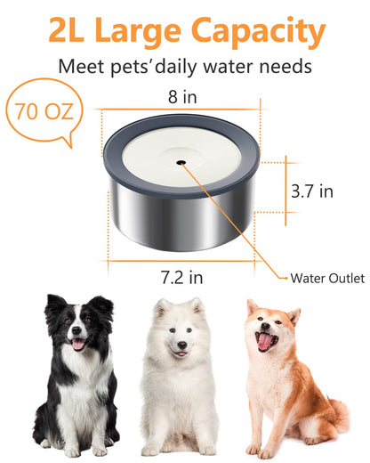 No Spill Water Bowl for Dogs, 2L Large Stainless Steel Slow Drinking Water Dish Dispenser, Spilling Drip & Splash Proof Slobber Stopper for Messy Drinkers