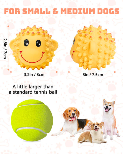 SCHITEC Squeaky Dog Toys, 3'' Interactive Latex Squeak Fetch Play Animal Balls, [2 Pack] Spiky Soft Rubber Puppy Teeth Clean Pet Toy for Small Medium Dogs