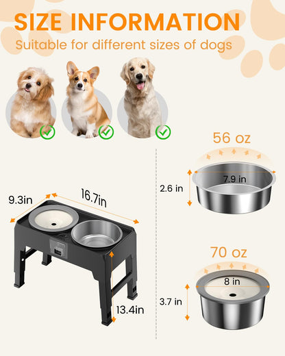 Elevated Dog Bowls, Raised Bowl Stand with No Spill Slow Water Feeder & Stainless Steel Food Dish, Adjustable Feeding Station for Small Medium Large Dogs