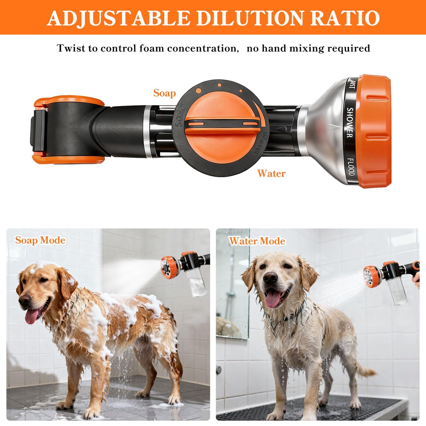 SCHITEC Upgraded Dog Wash Hose Attachment with 100cc Soap Dispenser, 8-in-1 Spray Modes Dog Shampoo Sprayer Nozzle Pet Shower Attachment for Bathing Dogs, Car Wash, Garden Watering