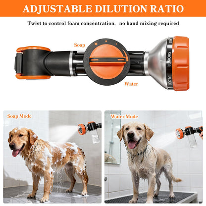SCHITEC Upgraded Dog Wash Hose Attachment with 100cc Soap Dispenser, 8-in-1 Spray Modes Dog Shampoo Sprayer Nozzle Pet Shower Attachment for Bathing Dogs, Car Wash, Garden Watering