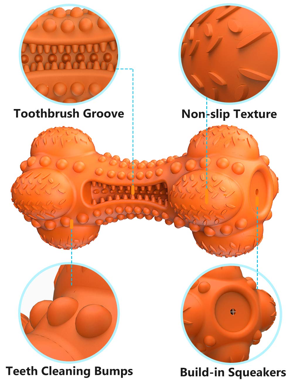 SCHITEC Squeaky Dog Chew Toy, Tough Durable Natural Rubber Bone with Toothbrush, Indestructible for Aggressive Chewers Large Medium Breed Teeth Cleaning