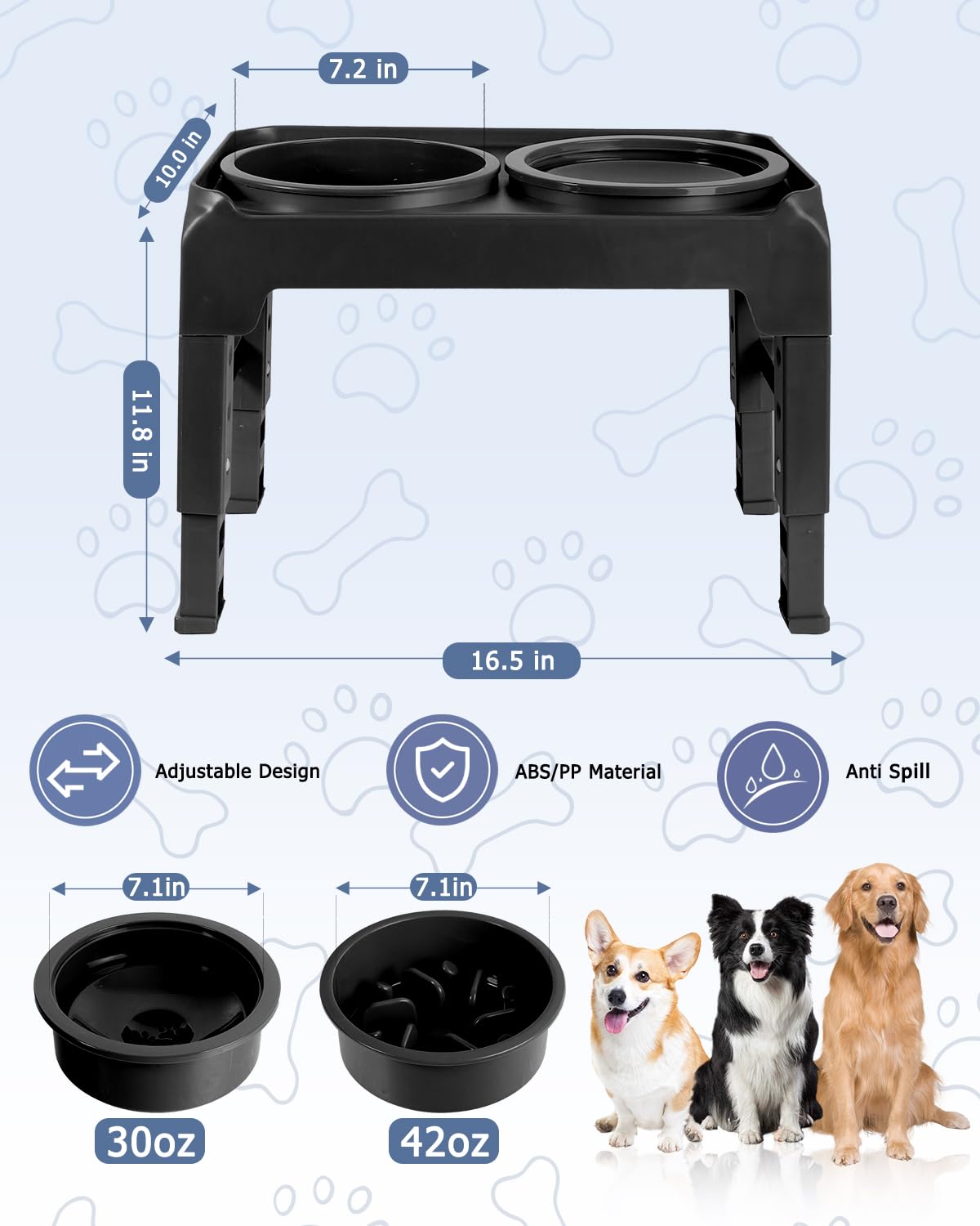 Elevated Dog Bowls, Slow Feeder & No Spill Water Bowl Stand, Raised Food Bowls with 4 Adjustable Heights for Small Medium Large Dogs