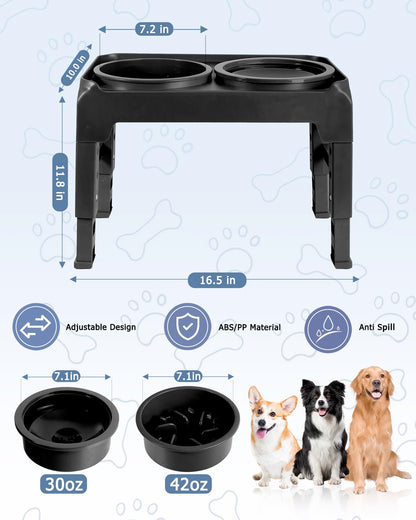 Elevated Dog Bowls, Slow Feeder & No Spill Water Bowl Stand, Raised Food Bowls with 4 Adjustable Heights for Small Medium Large Dogs