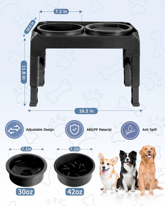 Elevated Dog Bowls, Slow Feeder & No Spill Water Bowl Stand, Raised Food Bowls with 4 Adjustable Heights for Small Medium Large Dogs