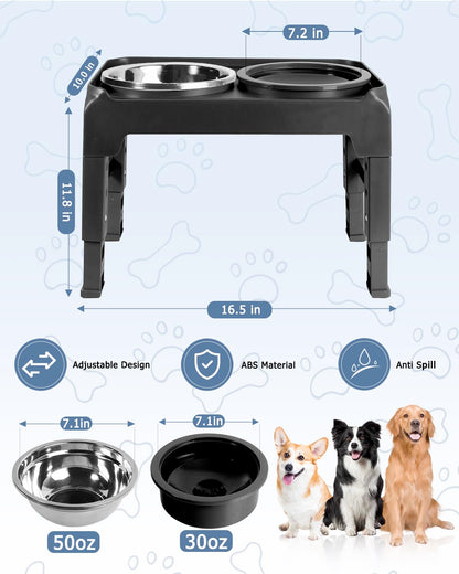 Elevated Dog Bowls, Raised Bowl Stand with No Spill Slow Water Feeder & Stainless Steel Food Dish, Feeding Station with 4 Adjustable Heights for Small Medium Large Dogs