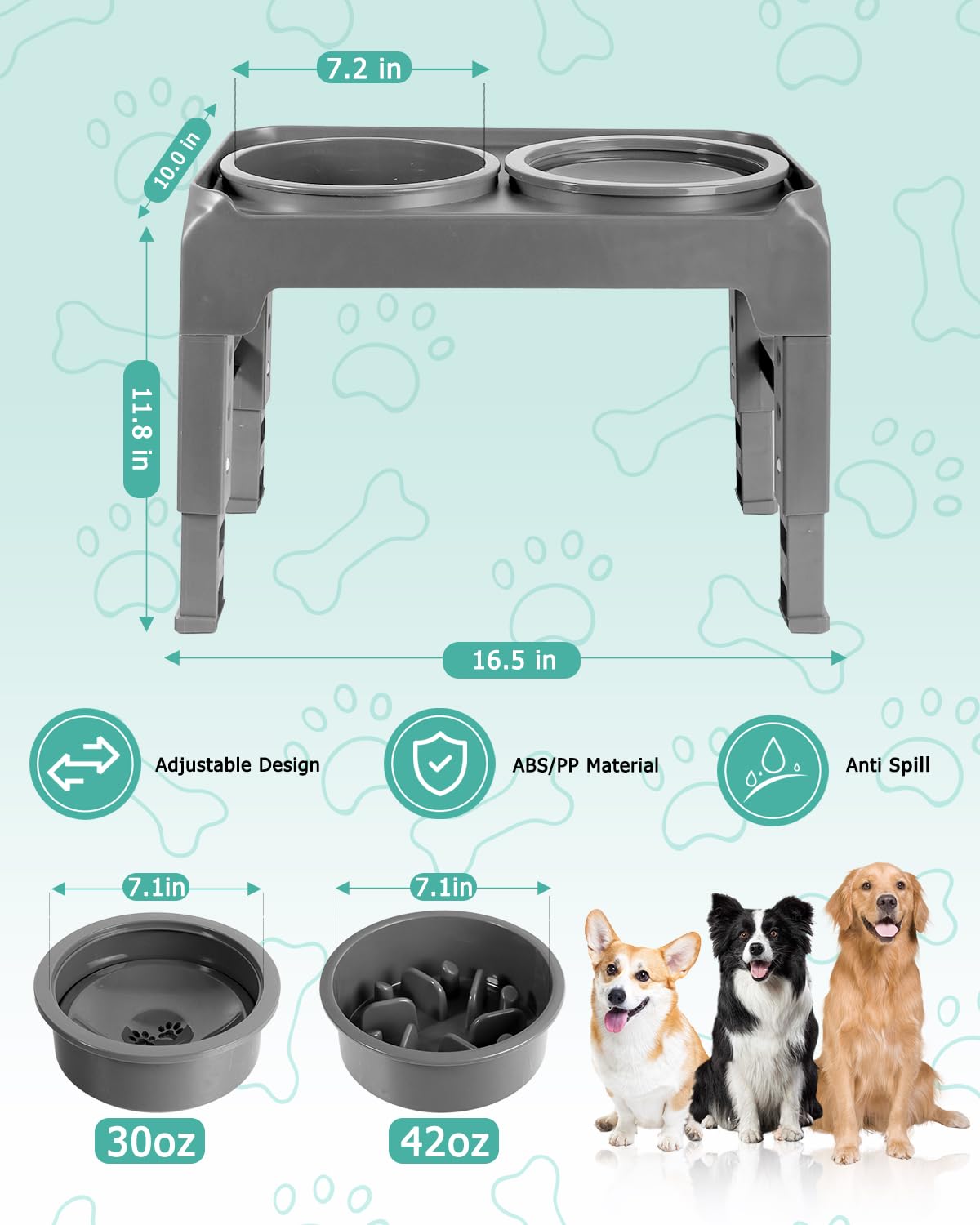 Elevated Dog Bowls, Slow Feeder & No Spill Water Bowl Stand, Raised Food Bowls with 4 Adjustable Heights for Small Medium Large Dogs