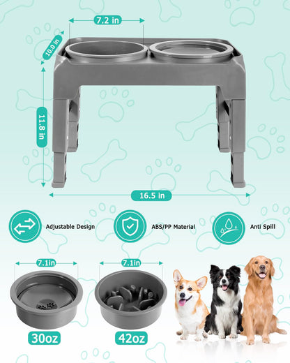 Elevated Dog Bowls, Slow Feeder & No Spill Water Bowl Stand, Raised Food Bowls with 4 Adjustable Heights for Small Medium Large Dogs