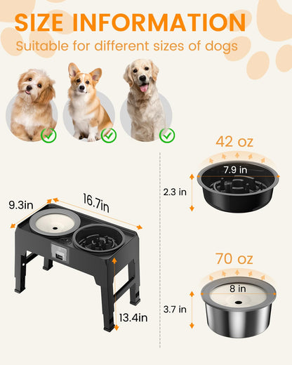 Elevated Slow Feeder Dog Bowls, Adjustable Raised Stand with Food Dish & No Spill Water Bowl Set, Neater Pet Feeding Station for Large Medium Small Breed Dogs