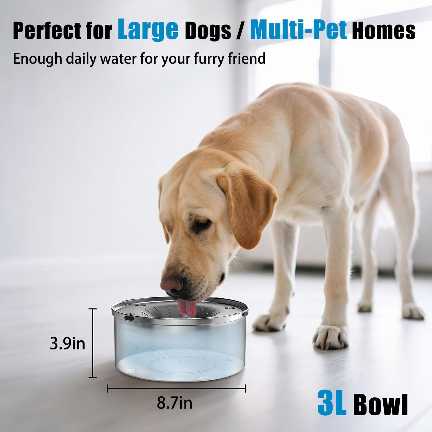 SCHITEC Dog Water Bowl No Spill 3L/0.8 Gallon Slow Drinking Anti-Splash Stainless Steel Dog Bowl with Floating Disk, Spill Proof Pet Travel Water Dispenser for Sloppy Messy Drinkers(Gray)